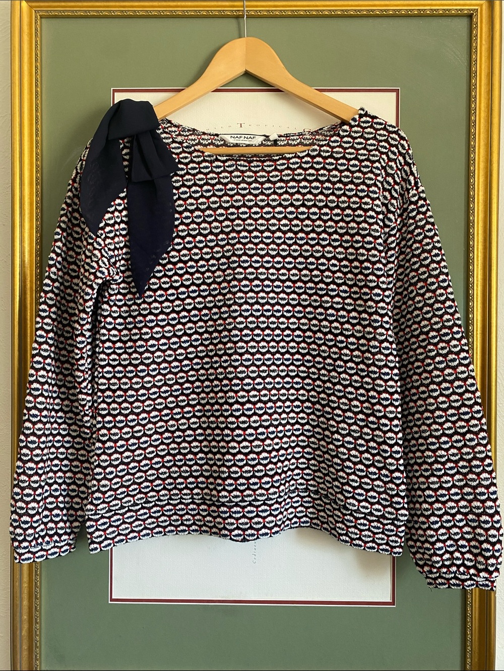 NAF NAF Navy, White & Red Patterned Tie-Accent Sweater